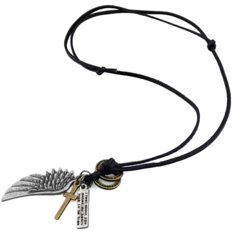 Complete black leather adjustable gothic angel wing choker with silver-toned multi-charm pendants, overhead flat lay composition