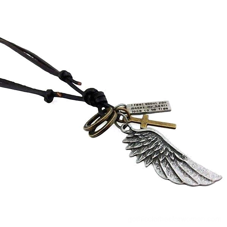 Black leather gothic angel wing choker with silver-toned multi-charms, side flat lay perspective showing depth and dimension