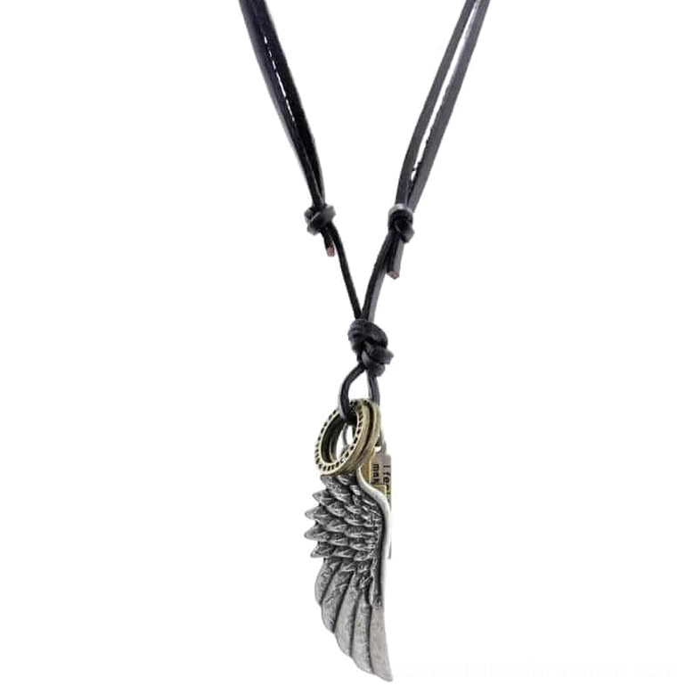 Partial view of black leather gothic angel wing necklace with silver-toned wing charm, hanging side shot against white background