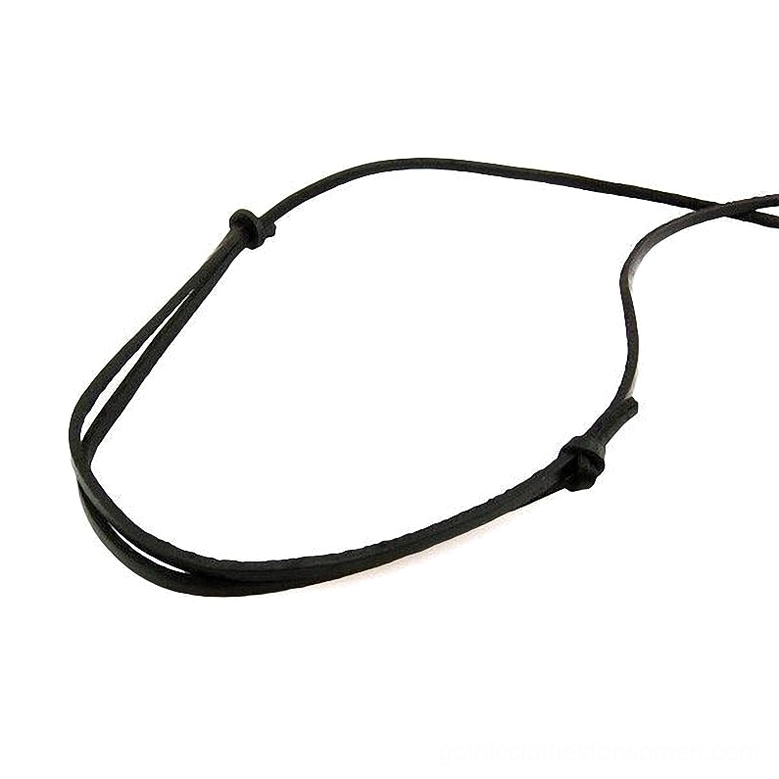 Adjustable black leather gothic choker necklace with silver-toned angel wing and text pendants, flat lay detail