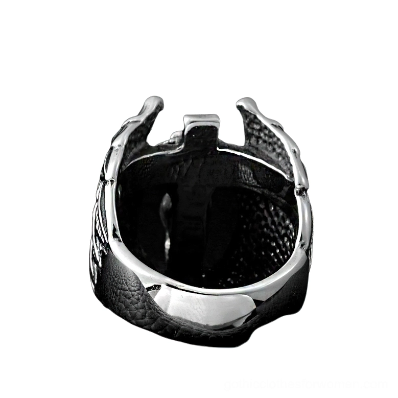 Gothic angel wings ring interior view showing polished stainless steel inner band