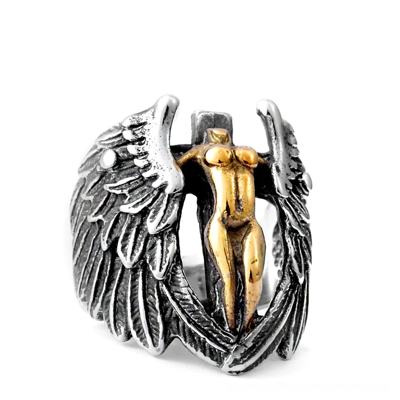 Gothic angel wings stainless steel ring in two-tone gold and silver finish with detailed feather carving