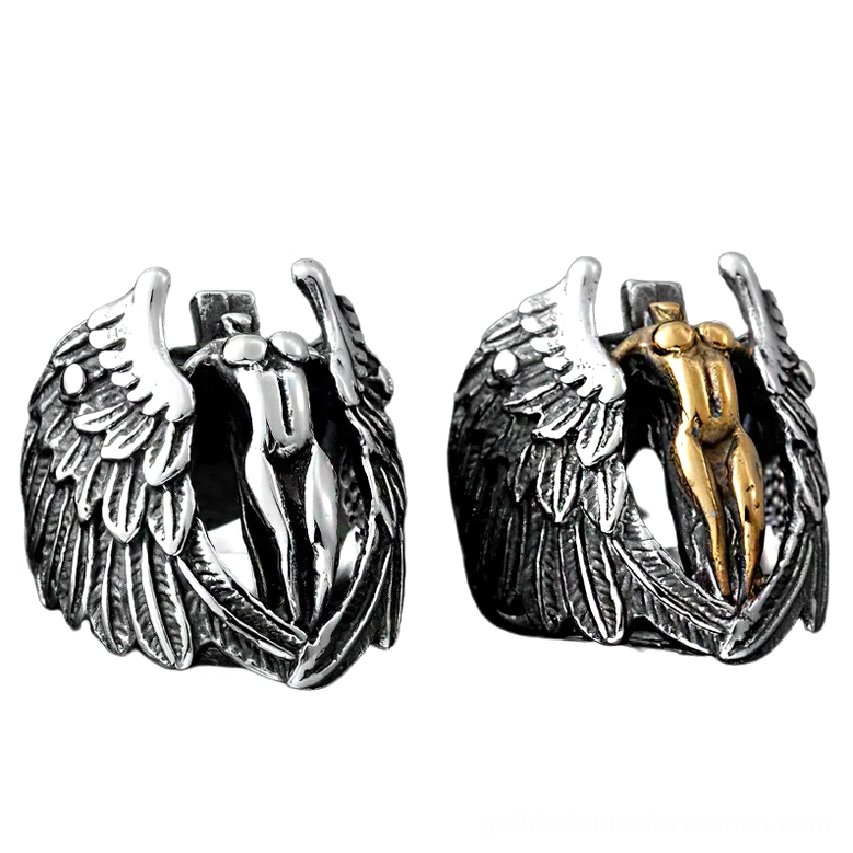 Two gothic angel wings rings side by side showing silver and two-tone gold silver color options