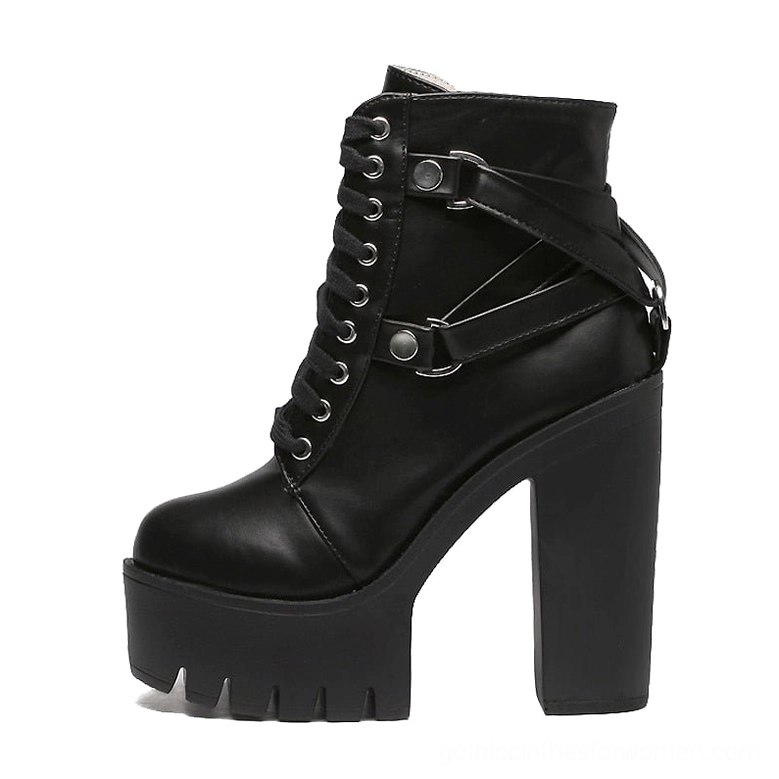 Black gothic platform boot side profile single view - matte PU leather with decorative strap buckles and chunky heel