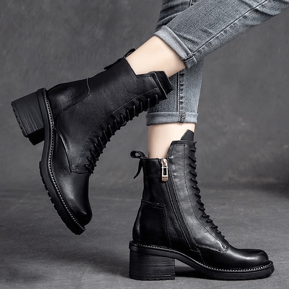 Black and brown gothic leather ankle boots comparison showing both color options available