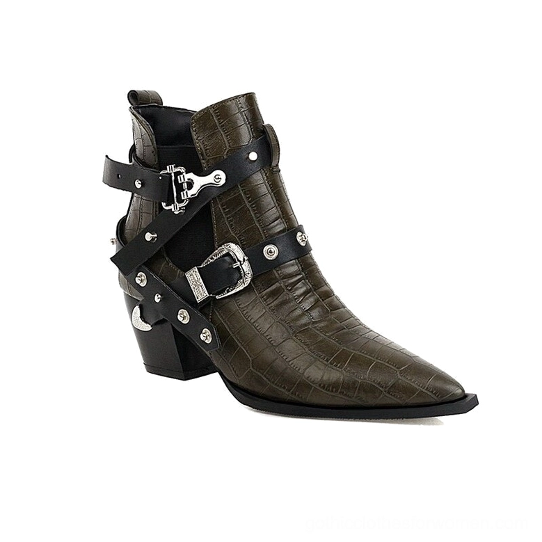 Women's gothic pointed toe chunky heel ankle boots with metal buckles rivets buckle strap closure detail