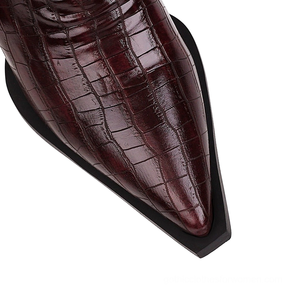 Gothic ankle boots with metal hardware buckles rivets and pointed toe silhouette fashion view