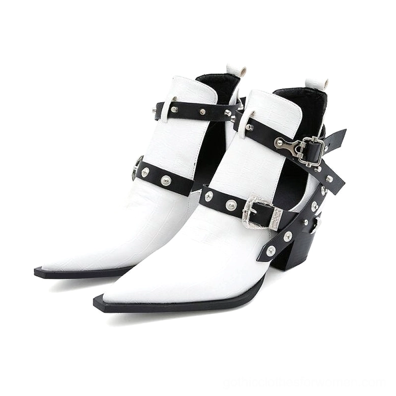 Women's gothic ankle boots with pointed toe and decorative metal buckles rivets shown in full display