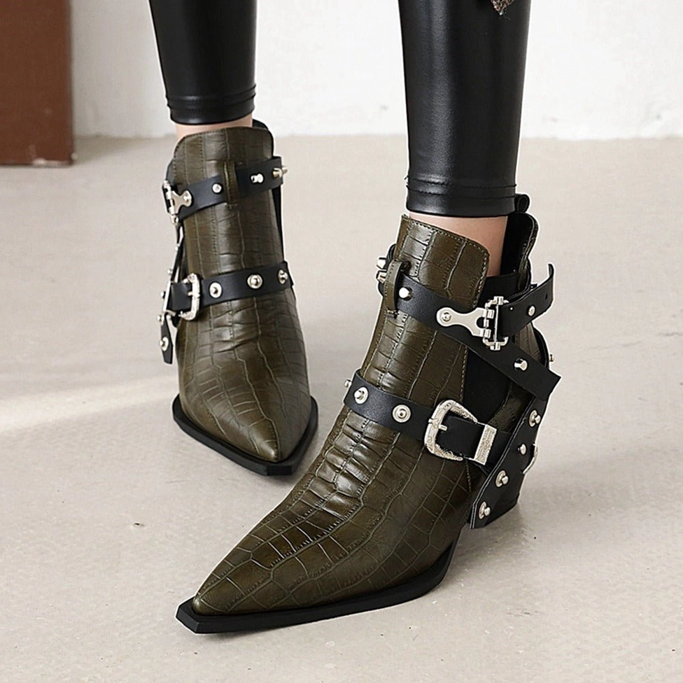 Gothic ankle boots pointed toe design with metal buckles rivets and chunky heel architecture