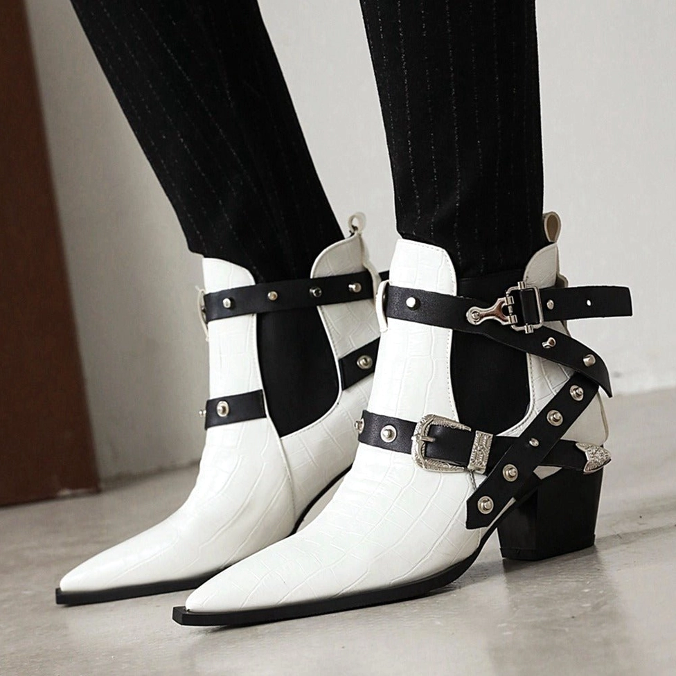 Gothic ankle boots featuring pointed toe design with decorative rivets and buckles platform heel