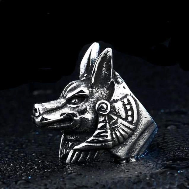 Egyptian Anubis wolf gothic ring with dark silver Egyptian-style collar details - cross-cultural mystical jewelry