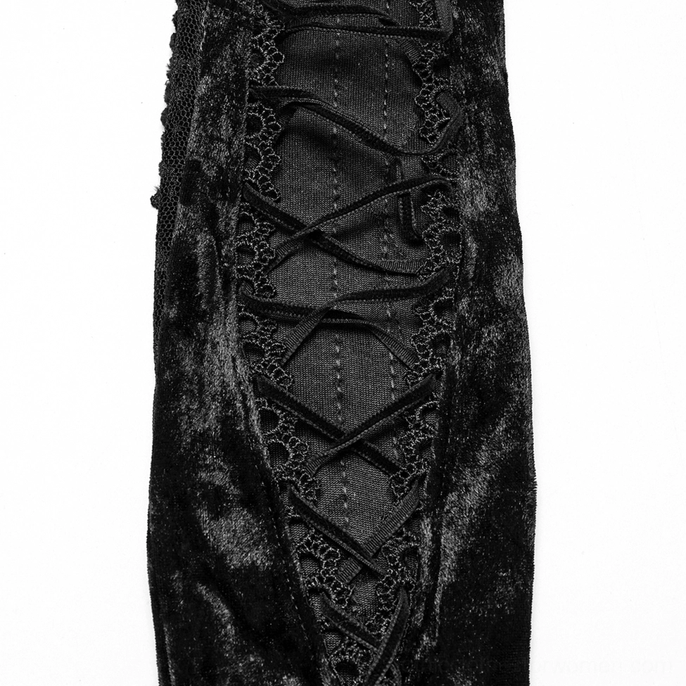 Close-up detail of gothic dress corset worn with embroidered arm gloves - showing lace-up ribbon and trim