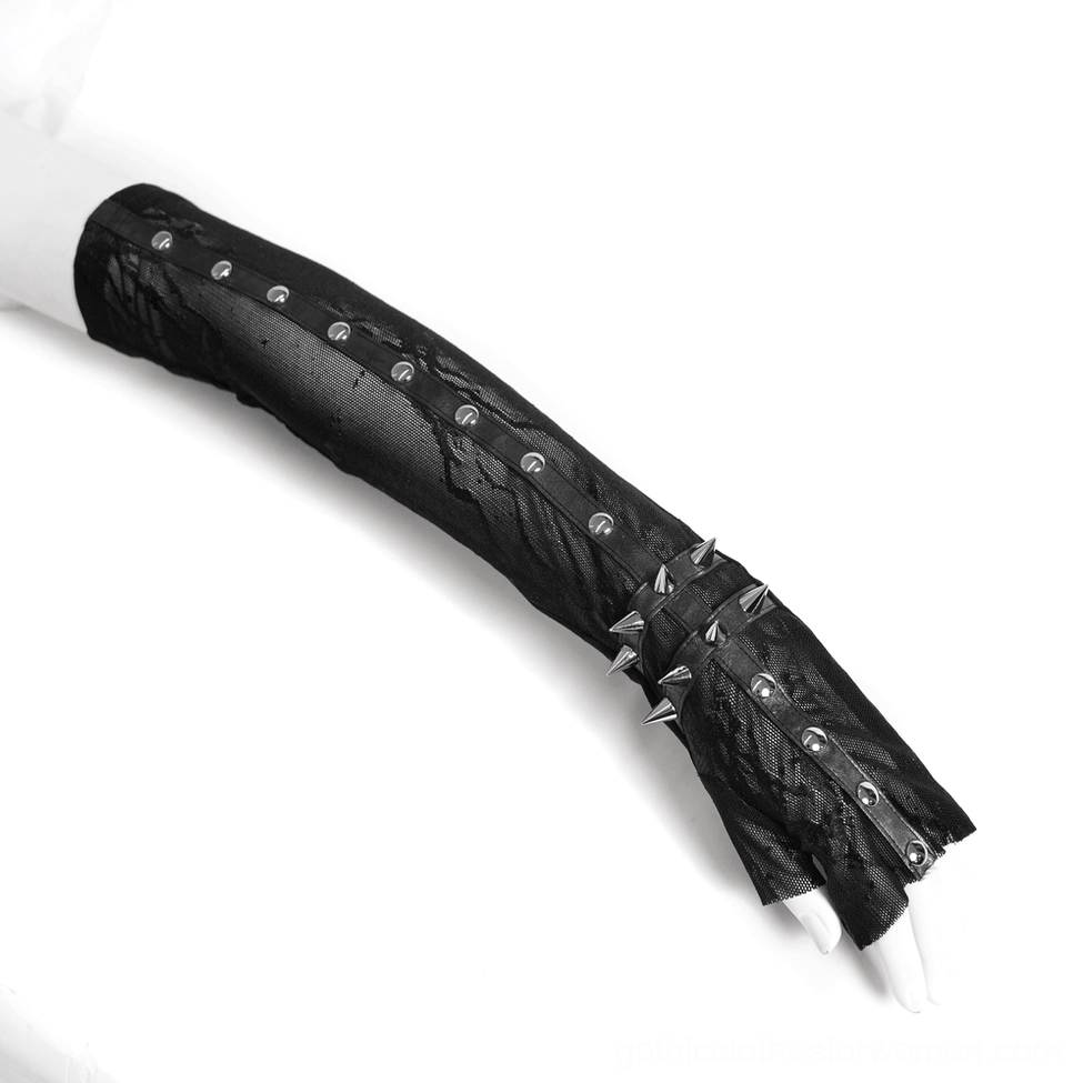Single gothic arm sleeve on mannequin hand showing side profile with spike stud cuffs and top rivet strip detail