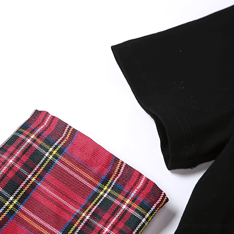 Flat lay of detachable arm sleeve pieces showing split solid black and red plaid pattern with finger cutout details