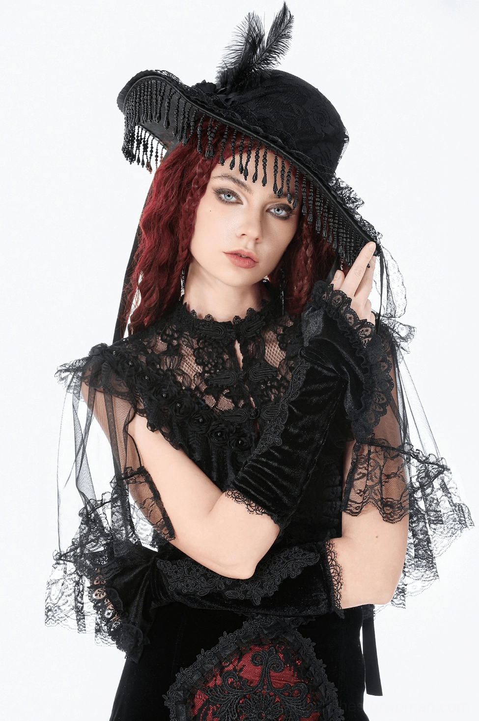 Gothic arm warmer product photography showing construction quality and lace embroidery workmanship