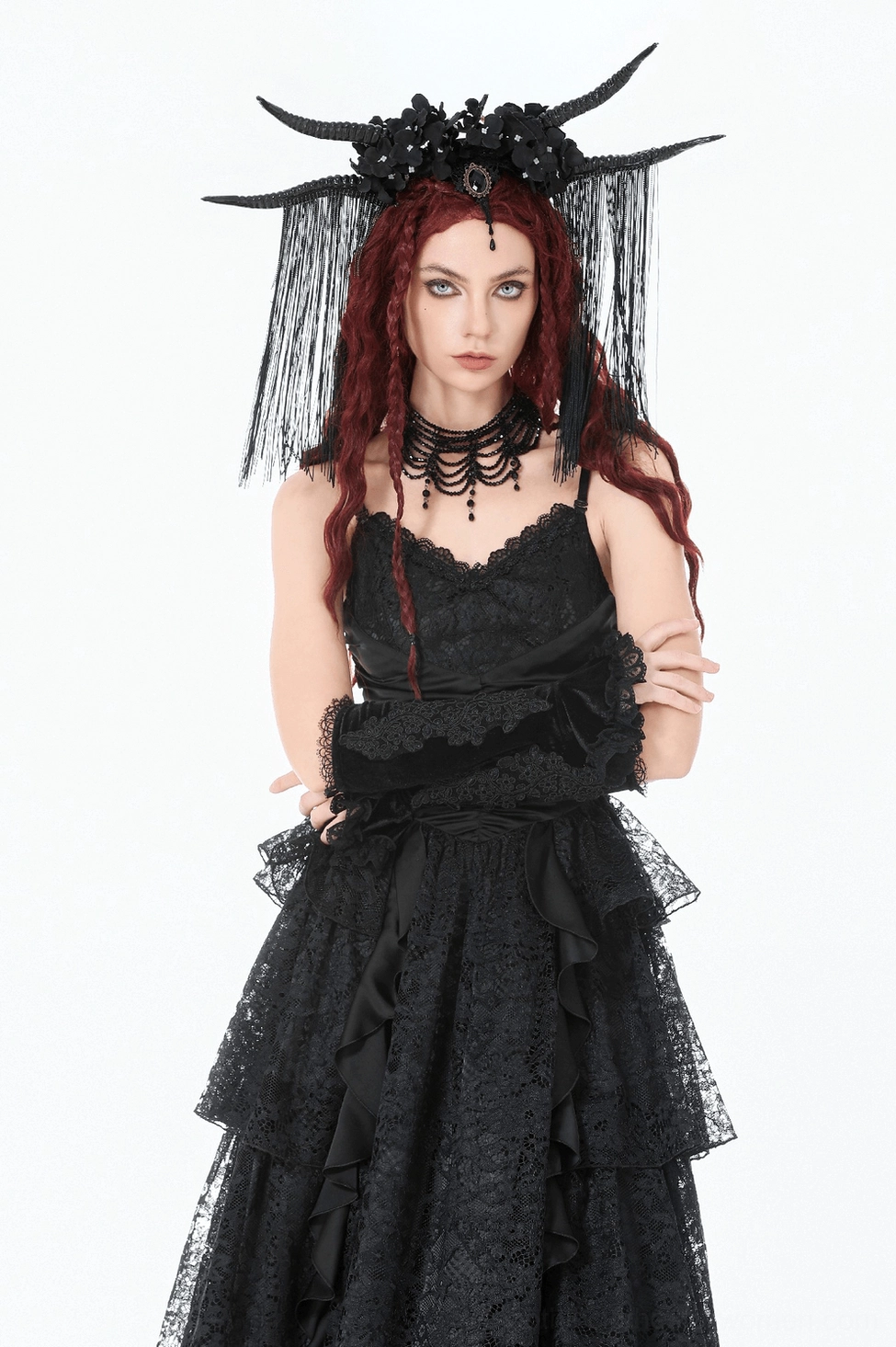 Gothic arm warmer front view product photography showing complete lace design and velvet texture