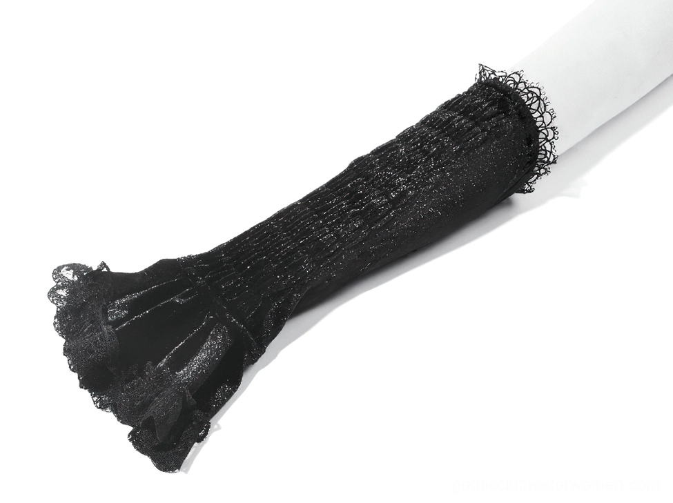 Side close-up of black gothic arm warmer displaying shirred weave texture and lace ruffle cuff details