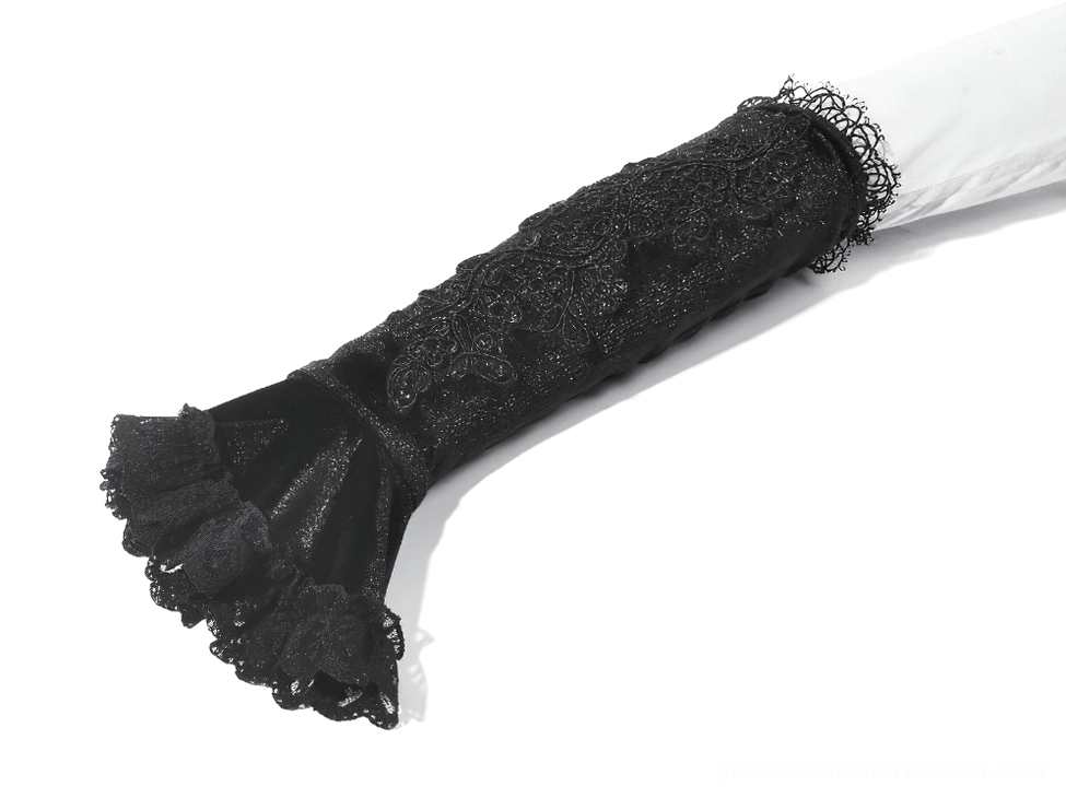 Single gothic arm warmer side close-up showing lace trim, floral embroidery and flared ruffle hem construction