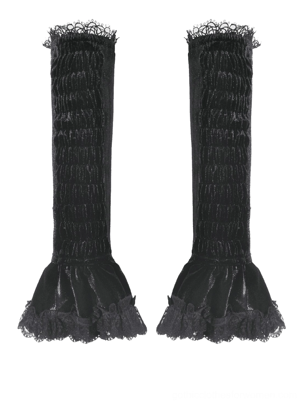 Flat lay product view of gothic arm warmers highlighting shirred texture and flared lace ruffle cuffs