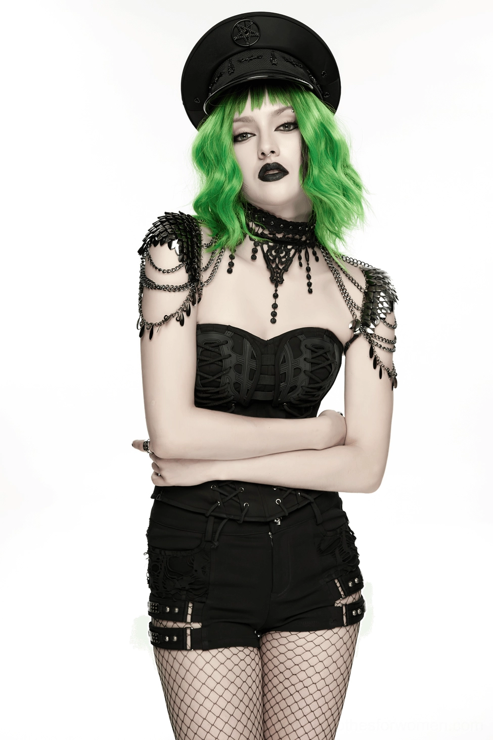 Gothic armor choker lace and chain construction detail shot highlighting polyester lace webbing and metal accents