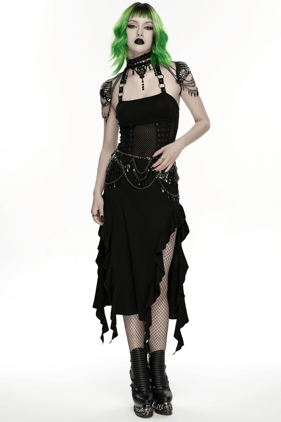 Gothic armor choker mesh and chain construction showing delicate metal accents and intricate lace webbing pattern
