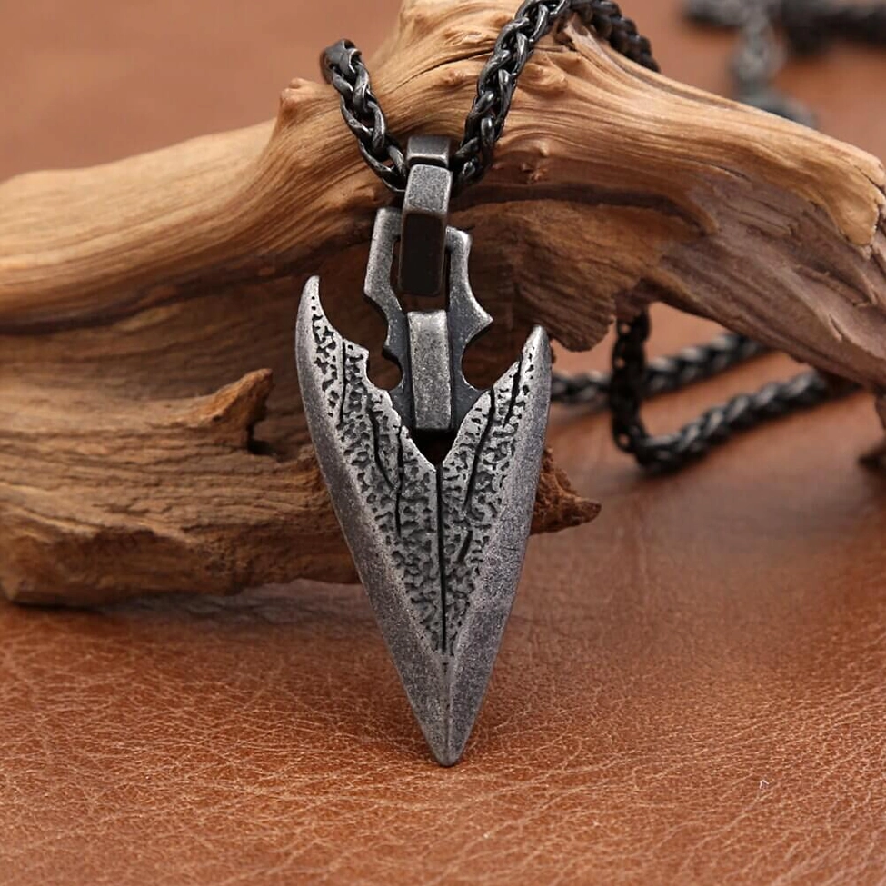 Symmetrical dark silver arrowhead pendant necklace - gothic symbol front view