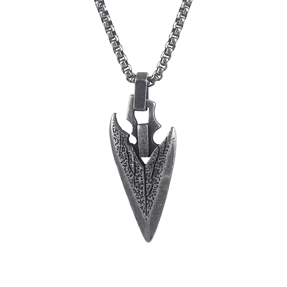 Dark silver arrowhead pendant with leaf-vein gothic texture - alternative jewelry design