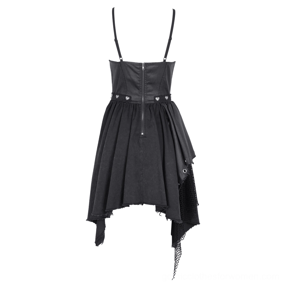 Back view of black gothic cami dress showing layered asymmetric skirt and back zipper construction