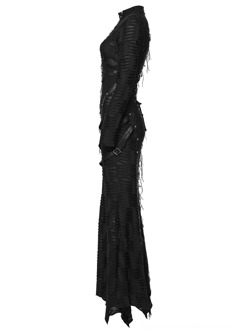 Black gothic dress side view showing fitted bodycon silhouette and distressed frayed edges