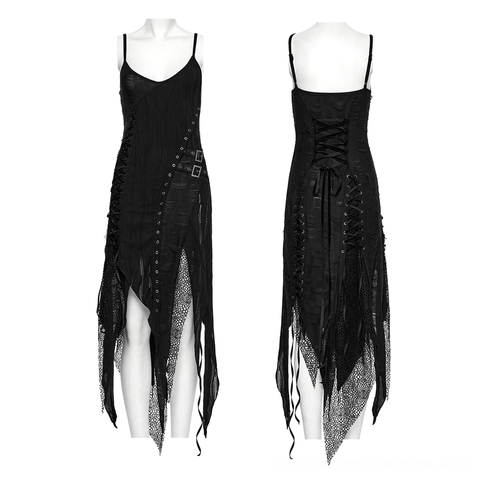 Black asymmetric gothic lace dress with fishnet underlayer front full body view on mannequin