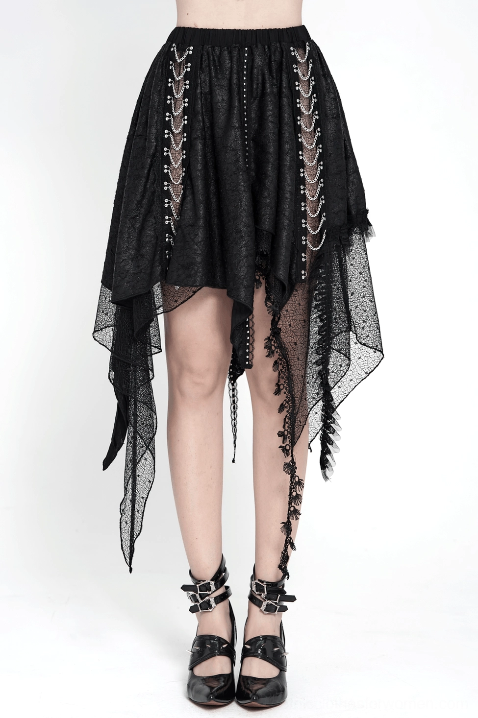 Gothic asymmetric lace midi skirt full length product view on white background, showing proportions and flow