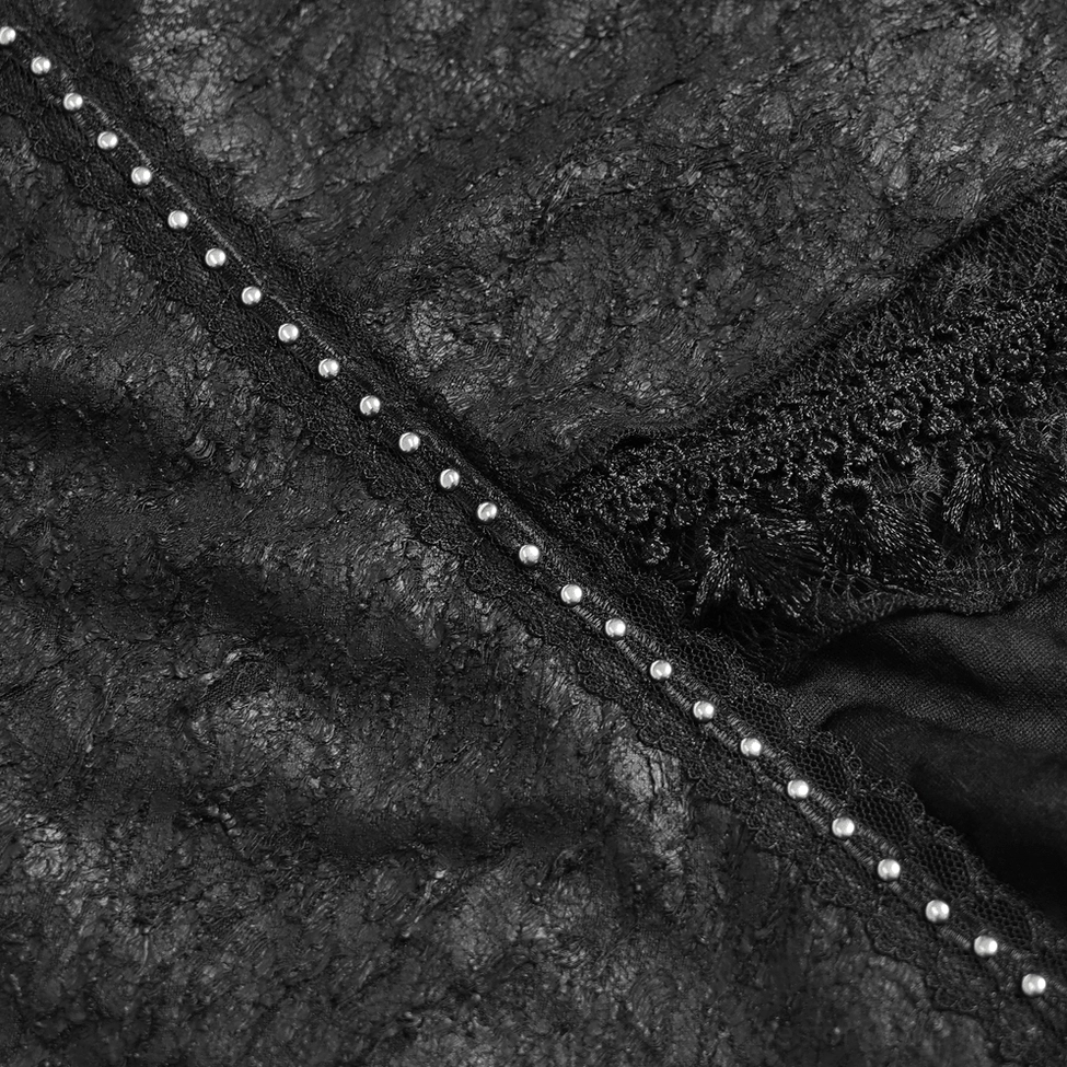Black gothic lace asymmetric midi skirt product photography showcasing overall silhouette and fitted construction