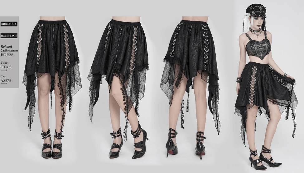 Gothic asymmetric lace midi skirt final product view, displaying overall aesthetic and alternative fashion styling potential
