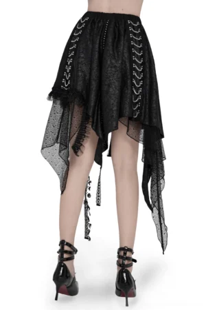 Gothic asymmetric lace midi skirt back view on model, displaying chain tassel trim and flowing handkerchief hem detail