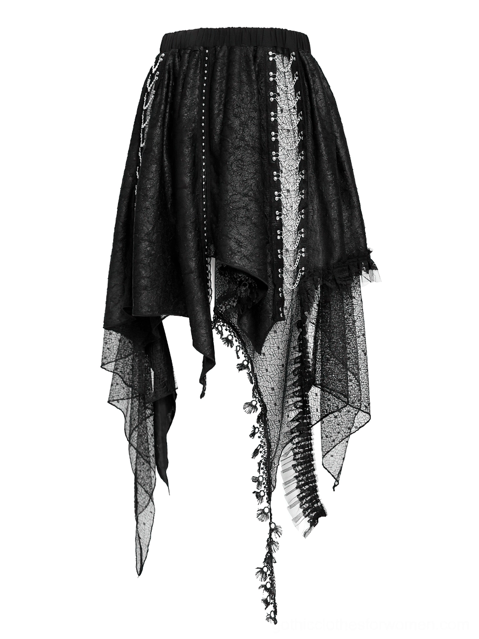 Black gothic lace skirt flat lay showing dual side chain trim and handkerchief drop hem construction detail