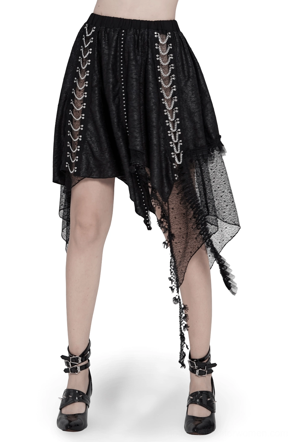 Black asymmetric lace midi skirt with chain trim worn by model, front view showcasing handkerchief hem and sheer lace overlay