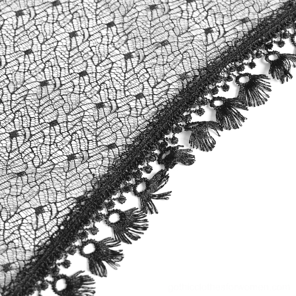 Gothic asymmetric lace midi skirt detail shot highlighting sheer lace overlay, chain trim, and handkerchief hem