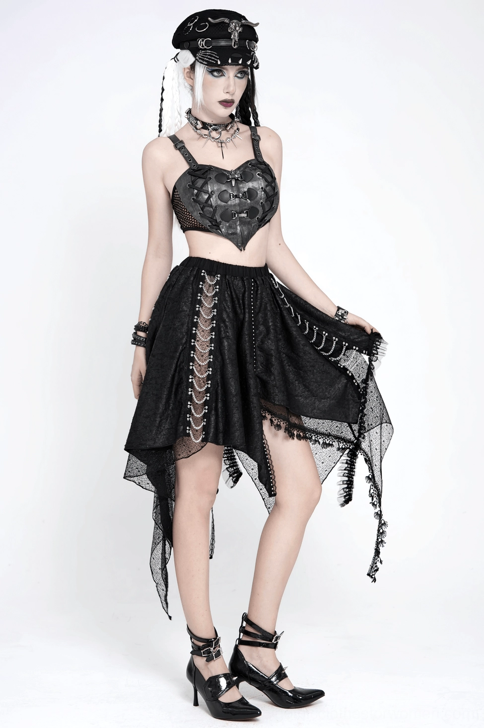 Gothic asymmetric lace midi skirt on model, demonstrating how chain trim and handkerchief hem drape and move