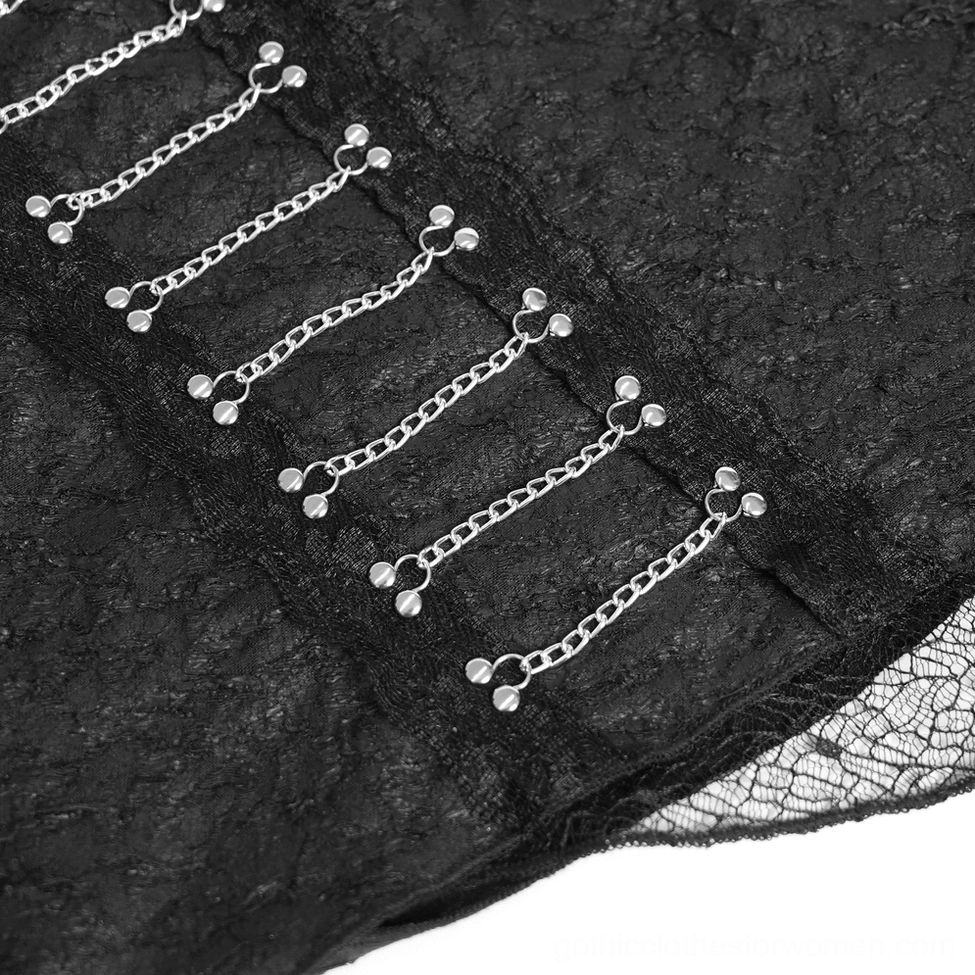 Gothic asymmetric lace midi skirt with chain embellishment, displaying fabric composition and textile quality