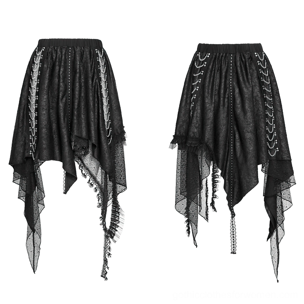 Black gothic lace midi skirt flat lay front view, showing elastic waistband, ruffled lace hem, and side chain embellishment
