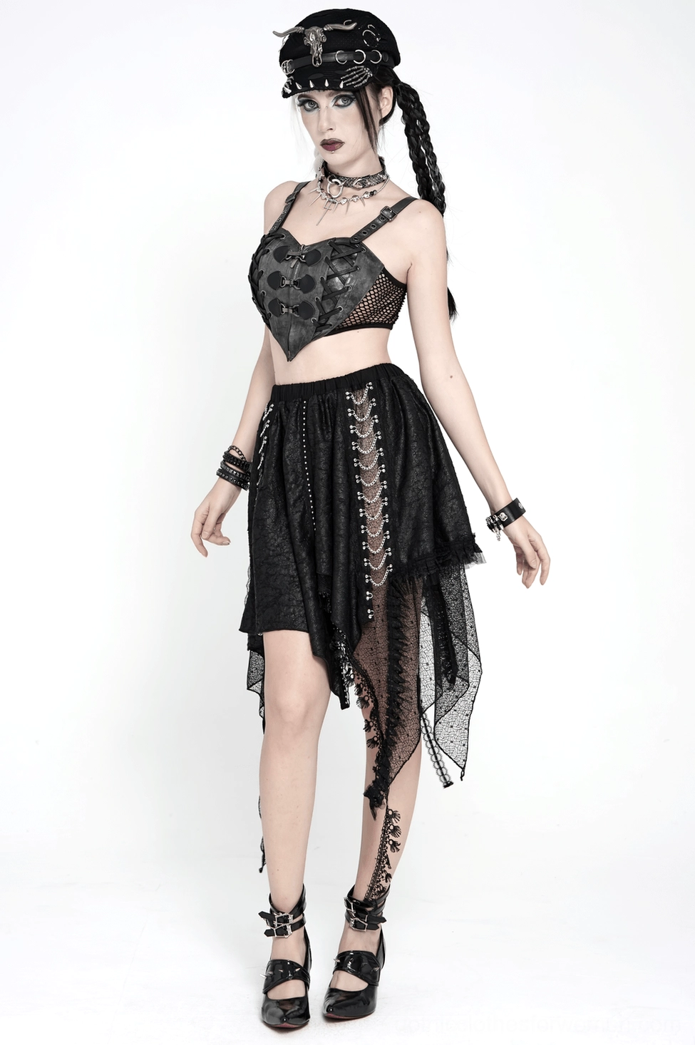 Gothic asymmetric lace midi skirt flat lay showing complete front design with chain elements and elastic waist