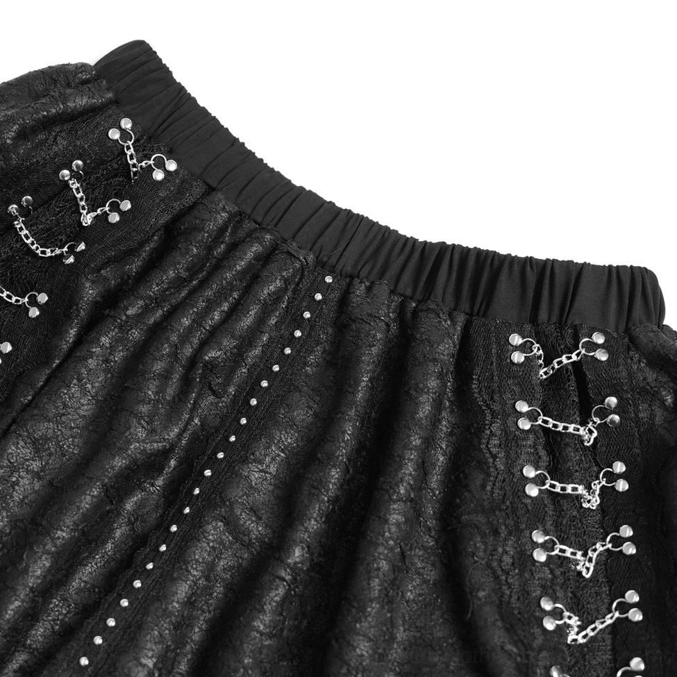 Black gothic lace midi skirt flat lay front view with central dual-side chain trim and long tassel hem detail
