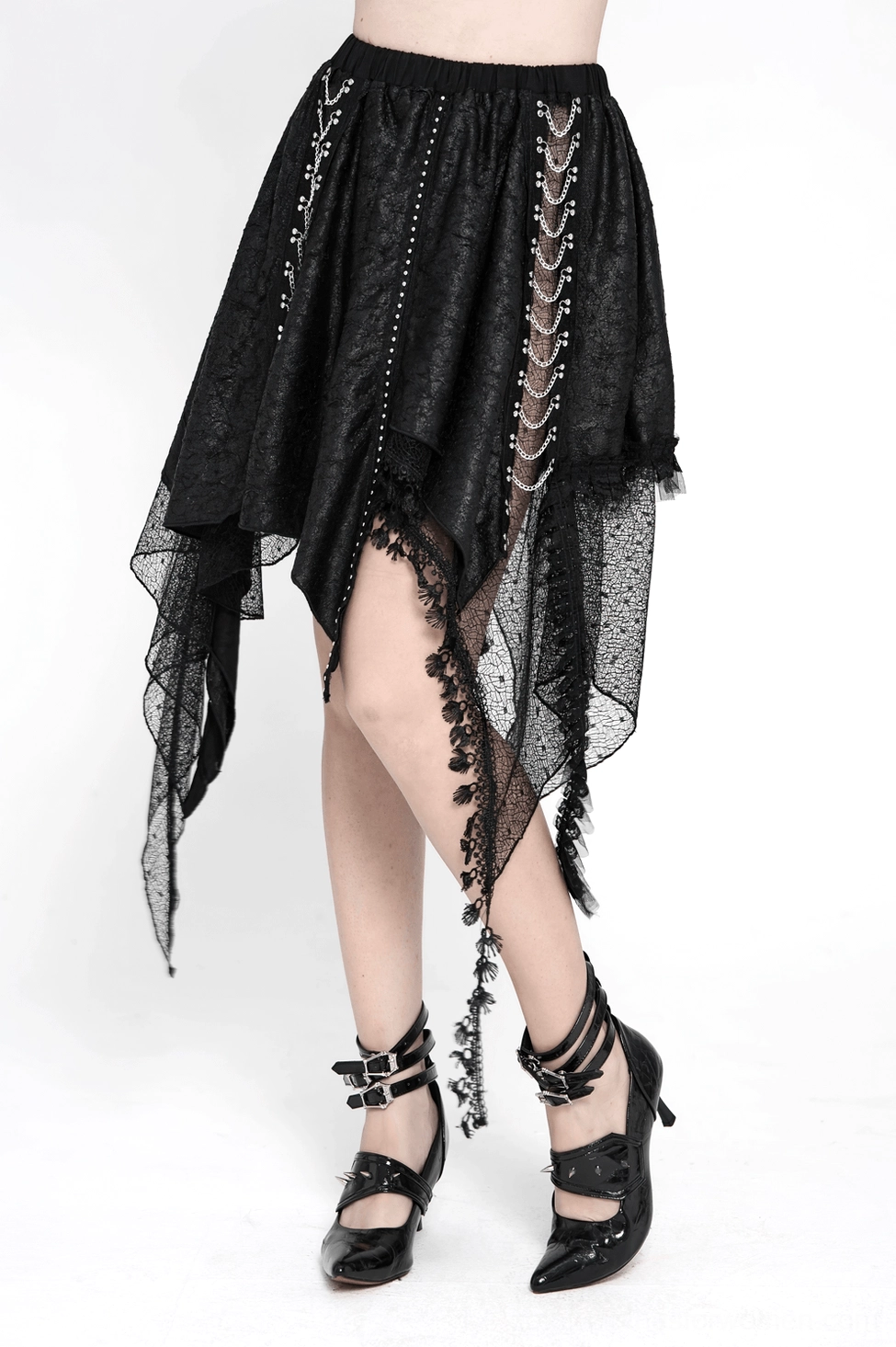 Gothic asymmetric lace midi skirt product photography highlighting sheer overlay and layered lace construction