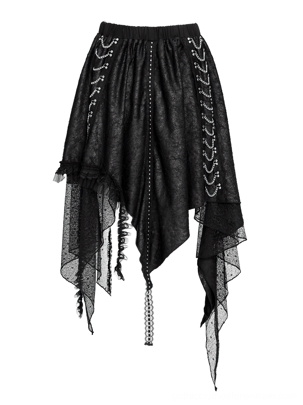 Gothic asymmetric lace midi skirt side angled view, emphasizing sheer lace panel, ruffled edge, and chain tassel detail