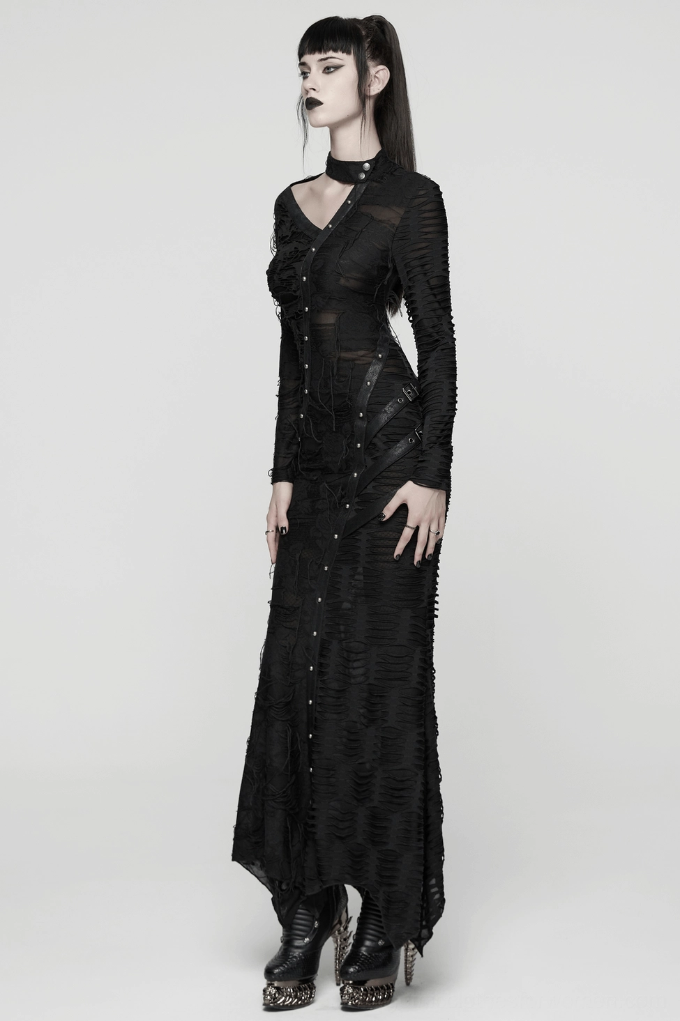 Black gothic asymmetric maxi dress product shot displaying overall silhouette and design