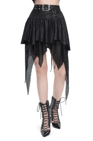 Black asymmetric mesh gothic skirt with metal buckle detail front view worn by model