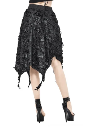 Gothic asymmetric skirt back view detail, elastic waist, frayed uneven hem, alternative clothing design