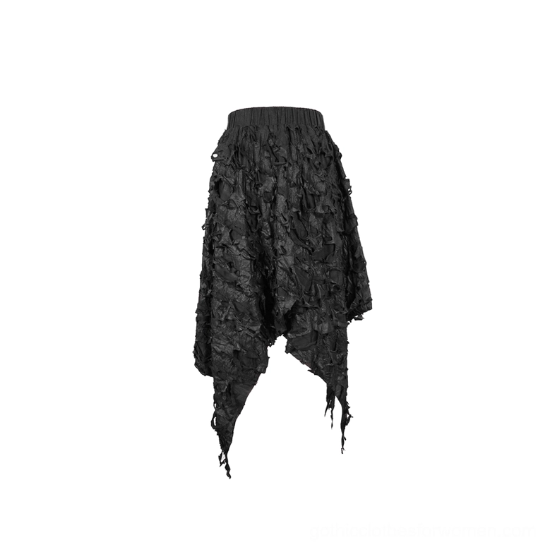 Gothic asymmetric skirt left side flat hang, ruffled textured fabric, elastic waistband, alternative fashion piece