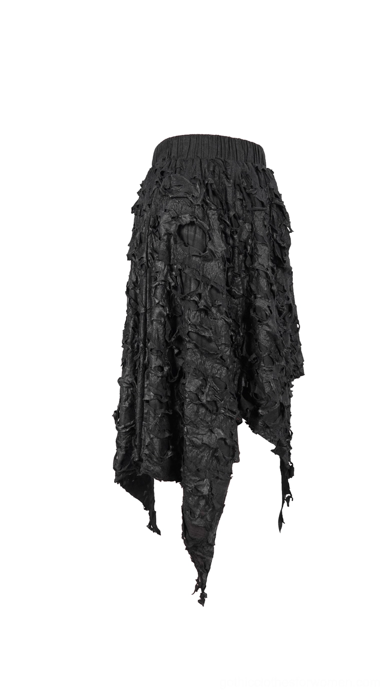 Gothic asymmetric skirt side back angle, decorative ruffled fabric texture, irregular hem detail, dark romantic style