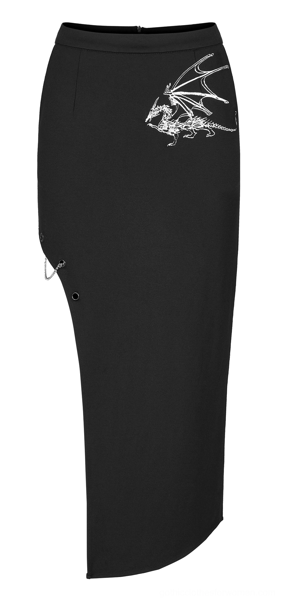 Dragon embroidered gothic midi skirt flat lay side view highlighting high leg slit and silver dragon stitching